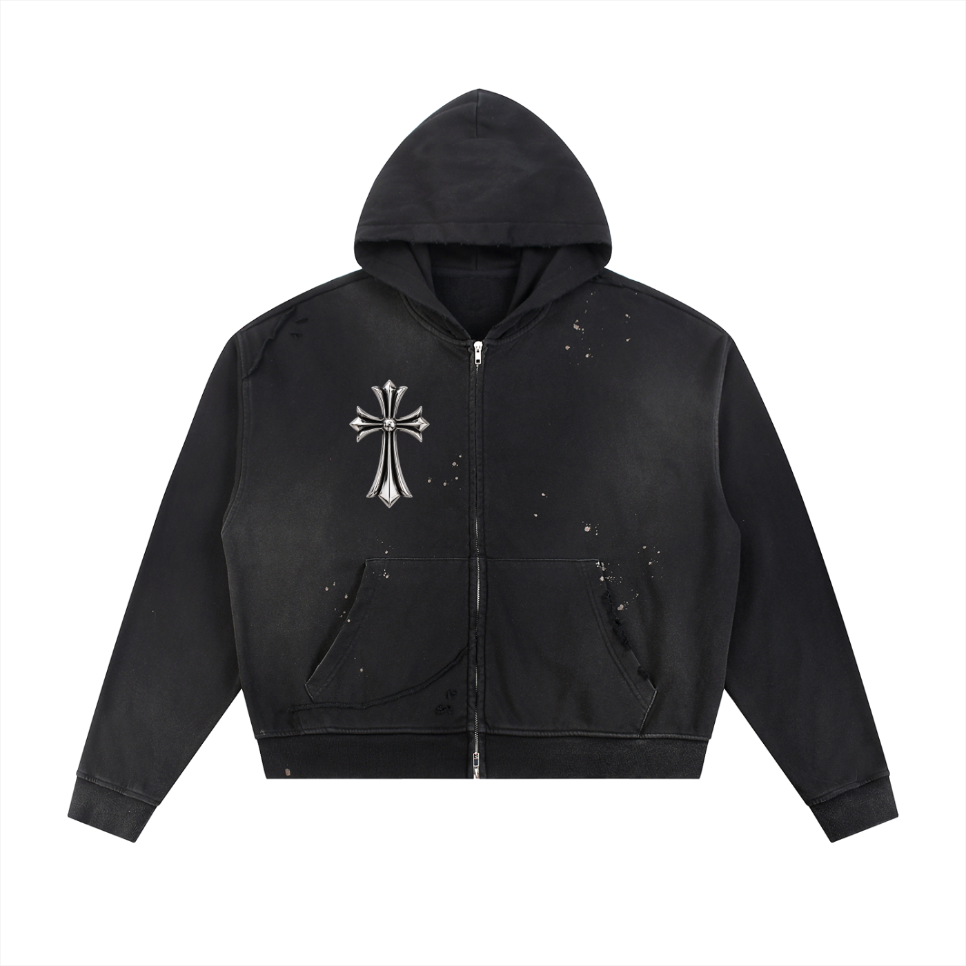 Sun Fade Frayed Raw Edge Fleece Zip Hoodie